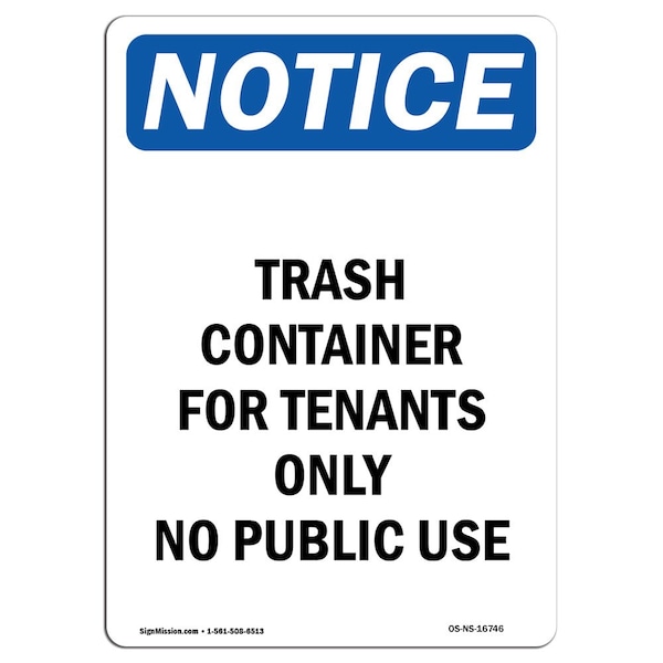 Sign, 5" H, Trash Container For Tenants Sign, Portrait, NS-D-35-V-16746-10PK